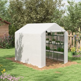 Large White Walk-In Greenhouse with Shelving PE Cover & Roll-Up Door for Garden & Outdoor UseColor: White Color