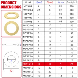 YIXISI 20 pieces M10 x 16 x 1 mm flat washers, brass washers, metal washers, for screws and nuts