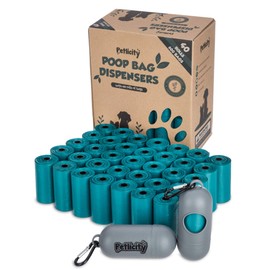 Petlicity 40 Rolls Dog Poo Bags for Pet Waste 15 Poop Carrier Bags per Roll, Plus Two Fitted Capsule Shaped Bag Holder Dispenser Cases with Carabiner Buckles