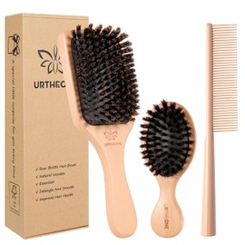URTHEONE 100% Pure Boar Bristle Hair Brush Set 3 Piece Large and Mini Size with Wide Tooth Comb for Fine Thin Short Hair Frizz Control Shine Scalp Massage Gift