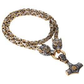 Viking Norse Thor Hammer Necklace: Cupimatch Stainless Steel Pendant Necklace Amulets for Men Viking Gifts 25in Chain with Wolf Head and Hammer Vintage for Fathers Day