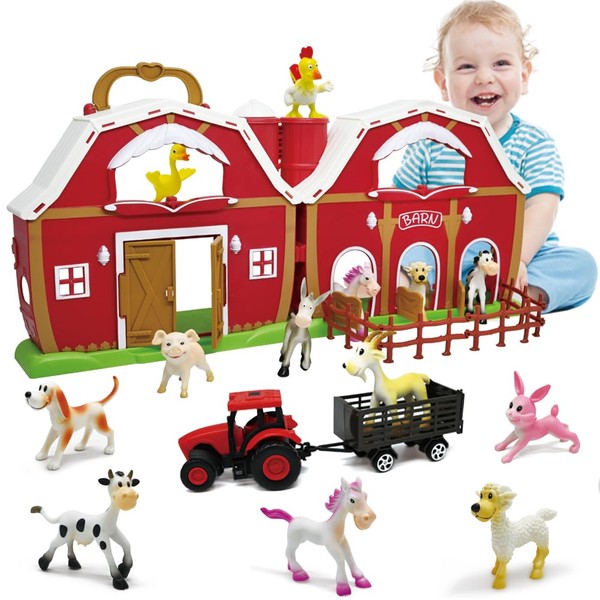 Big Red Barn Farm Figures Animals Toys for Toddlers, Cute Farm Figurines, Fence and Farmer Vehicle Toy Truck Pretend Farm Playset for 3+ Years Old Kids Girls Boys Educational Learning Toys