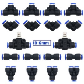 Pneumatic Connector, CESFONJER 18 Pieces Air Push Quick Fittings Kit, for 6 mm PU/PE/Nylon Pipe (Y+T+L+I Type + Pipe Throttle Valve Combo)