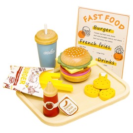 JugueteLand Wooden Pretend Play Fast Food for Kids,Play Food Sets for Kids Kitchen,Restaurant Play Set for Kids with Hamburger, Fries,Fried Chicken,Coke,Ketchup,Sauce,Gifts for 3 4 5+ Years Old
