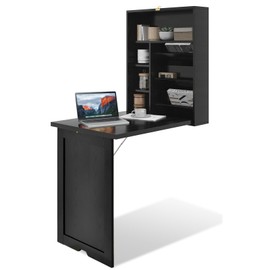 SILKYDRY Wall Mounted Desk, Fold Out Convertible Desk with Storage Shelves, Space Saving Wall Folding Table, Home Office Floating Desks for Small Spaces (Black)