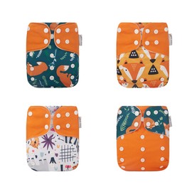 KaWaii Baby Reusable Cloth Diaper Bundle- 4 Printed Snap+8 Premium 5-Layer Diaper Inserts One Size Adjustable Newborn to Potty Trained Toddler, Lazy Fox