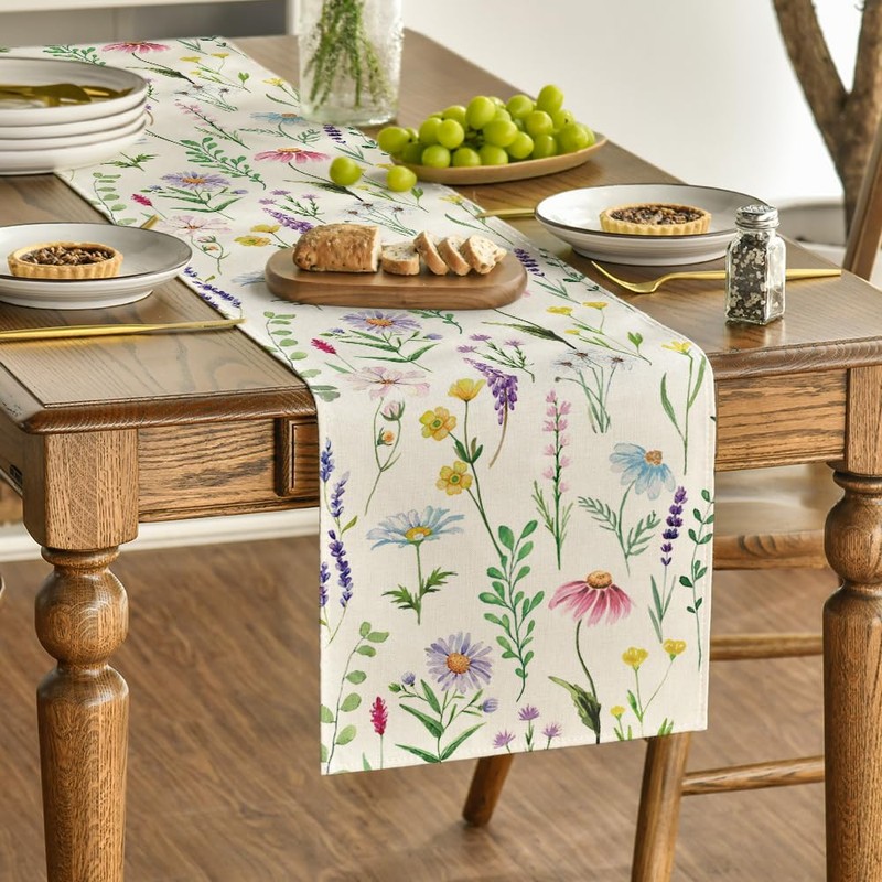 Artoid Mode Wildflowers Floral Eucalyptus Spring Table Runner, Seasonal Summer
