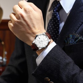 LIGE Men's Watches Waterproof Quartz Wrist Watches for Men Watch with Date Leather Strap Retro Business Men's Watches, Silver white, Classic, minimalist, retro, glam