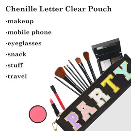 Jakiro Chenille Letter Clear Bag Zipper Pouch for Party, Preppy Makeup Bag Clear Cosmetic Toiletry Bag with Wrist Strap, Water-proof Makeup Travel Pouch Party Bags for Women Girls (Black-Party)