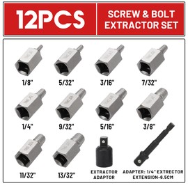 UYECOVE 12Pcs Screw Extractor Set Hex Head Multi-Spline Easy Out Bolt Extractor Set 3/8 Inch Drive, Stripped Bolt Remover, Bolt Extractor Kit for Removing Broken Rusted Bolts Studs Nuts Socket Screws