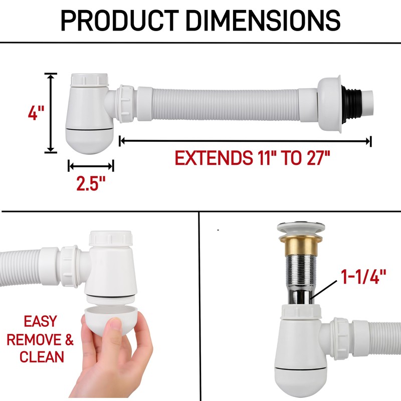 Universal Flexible Bottle Trap for Bathroom Sink Drain - 1-1/4