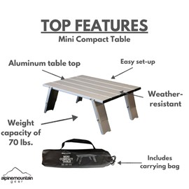 Alpine Mountain Gear Mini Compact Aluminum Table for Camping - Portable Aluminum-Top Folding Table with Aluminum Frame for Backpacking, Hiking, and Camping (Made by Caddis Sports, Inc.)