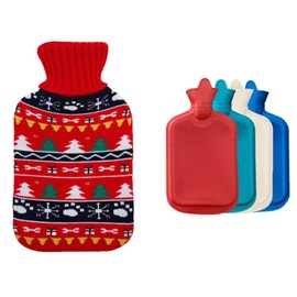 Muellery Hot Water Bottle Flat Hand Feet Warmer Lettering Hot Water Bag with Cute Knitted Cover 67.6oz(2000ml) Red (Random Bottle Color) CW00538Red