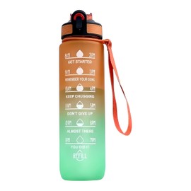 Water Bottle with Straw – Leakproof & BPA-Free | Time Marker for Daily Motivation | Ideal for Gym, Office, Cycling, School, Outdoor Fitness 1Liter (32oz) (Orange-Green)