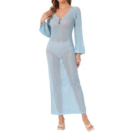 Allegra K Women's Beach Cover Ups Long Sleeve Hollow Out Swim Bathing Crochet Dress Small Blue