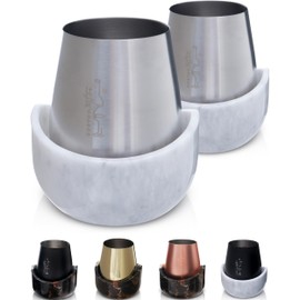 Gusto Nostro White Marble Wine Chiller for Glass and Stainless Steel Tumbler Set of 2 - Freezable Wine Glass Chiller Holder - Cool Set of Chillers and Stemless Metal Wine Tumblers for HomeBar (Silver)