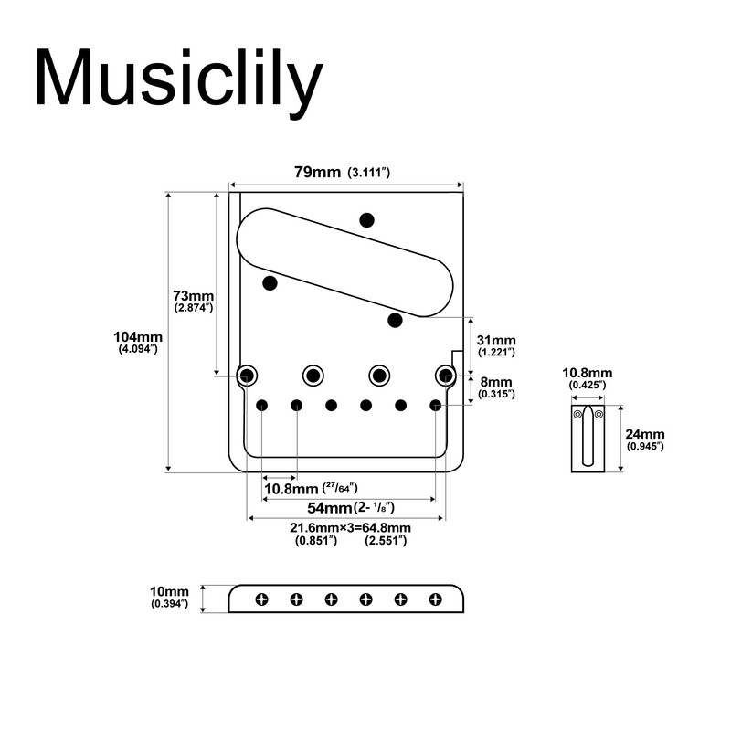 Musiclily Ultra 2-1/8 inch Brass Heavy Duty Asymmetric Telecaster Bridge
