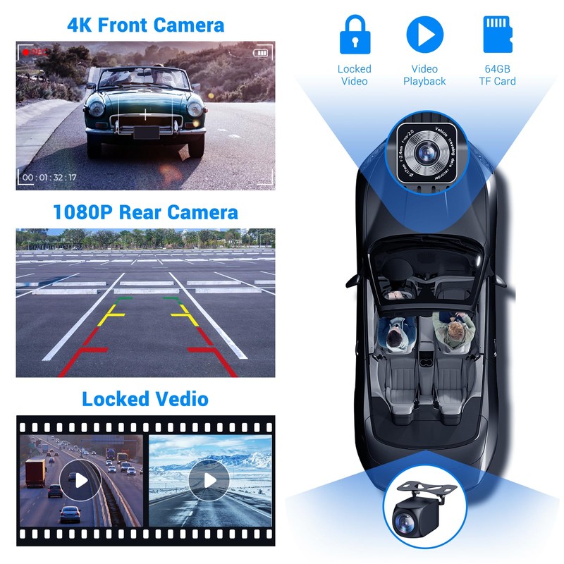 HAUXIY Wireless Apple Carplay Screen for Car 4K Dash Cam,