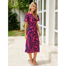 BerryGo Women's Floral Summer Short Sleeve Midi Dress V Neck Empire Waist Swing Flowy Boho Dress Red S