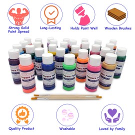 Color Swell Washable Tempera Paint Set - 2oz bottles of 30 Neon Metallic Classic Colors Perfect Kids Tempera Paints - Plus Three Wooden Brushes