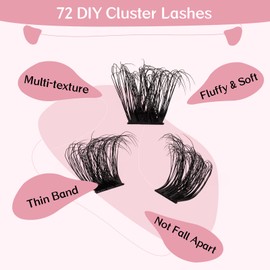 Lash Clusters, PRO,72 Pcs Individual Cluster Lashes 3D Effect DIY Lash Extension 8-16mm Eyelash Clusters Volume Wispy Lashes Super Thin Band Reusable Soft & Comfortable(Adore-3D Fluffy,D-8-16mix)