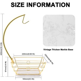 Livabber Countertop Fruit Basket Bowl with Banana Hanger, Modern Standing Fruit Vegetable Bowl Storage, with Banana Tree Holder for Kitchen Dinning Table (Square Marble, Gold)