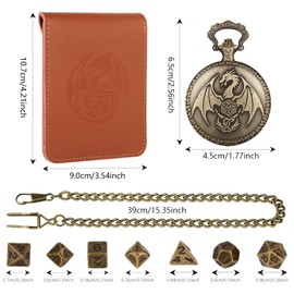 Mini DND Dice Set with Steampunk Wings Dragon Pocket Watch Case, 7-Piece Polyhedral Metal D&D Dice Set, DND Gifts with Leather Bag, RPG, MTG, Role Play Board Game Accessories Dice, Bronze