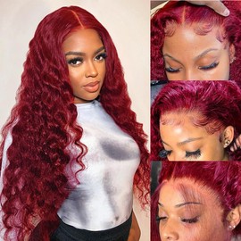 BINF 99j Burgundy Lace Front Wigs Human Hair Pre Plucked 13x4 HD Lace Frontal Wigs Human Hair Loose Deep Wave Wig for Black Women Glueless Wine Red Colored Wigs with Baby Hair 180 Density 26 Inch