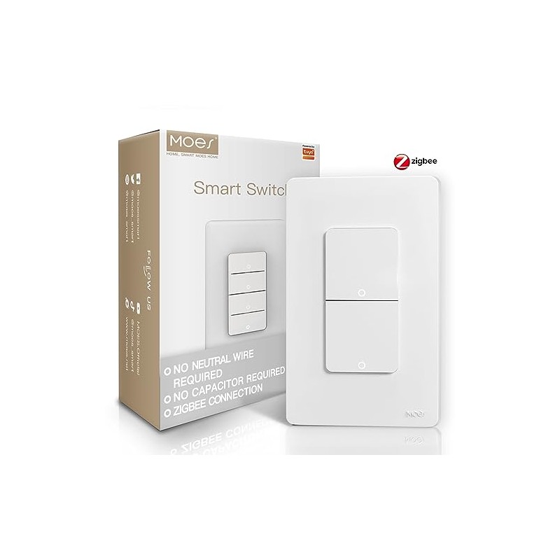 MOES Zigbee - Interruptor inteligentes de 2 botones, cable neutro
