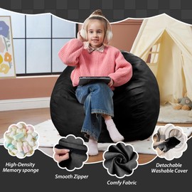 lilanoon 2.5FT Portable Bean Bag Chair(Black),Small Bean Bags with Washable Comfy Dutch Velvet Cover, Rebound Sponge Liner & 2 Hidden Zipper