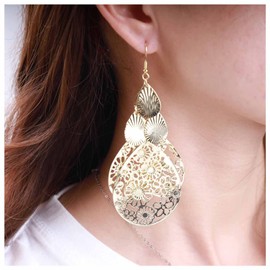 Inilbran Boho Teardrop Dangle Drop Earrings Vintage Filigree Water Drop Earrings Tribal Chandelier Statement Earrings Gold Hollow Carved Earrings Jewellery for Women and Girls, Alloy Steel