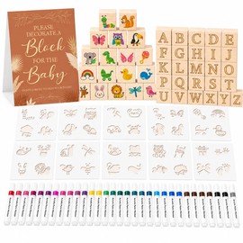 117 Pcs Baby Shower Blocks to Decorate Game Kit, 52 Wooden Baby Blocks for Baby Shower Games, 24 Acrylic Markers, 10 Stencils, Game Sign, DIY Baby Shower Activity & Gender Reveal Decor, Kraft Boho