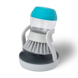 Smart Design Palm Brush & Stand - Contoured Non-Slip Grip - No-Leak Valve - Long Lasting Bristles - Odor Resistant - Dishwasher Safe - Cleaning Pots, Pans, Plates & Kitchen Sink [Gray & Teal]