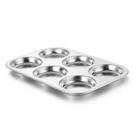 E-far Muffin Top Pan, Stainless Steel 6-Cavity Shallow Cupcake Pan for Baking Whoopie Pie, Yorkshire Pudding, Eggs, Cornbread, Drop Cookies, Non-toxic & Standard Size, Oven & Dishwasher Safe