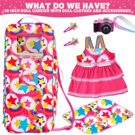 K.T. Fancy 6 Pcs 18 Inch Doll Carrier Bag Set and Accessories Including Girl Doll Clothes, Hair Clip, Picnic Blanket, Mini Toy Camera