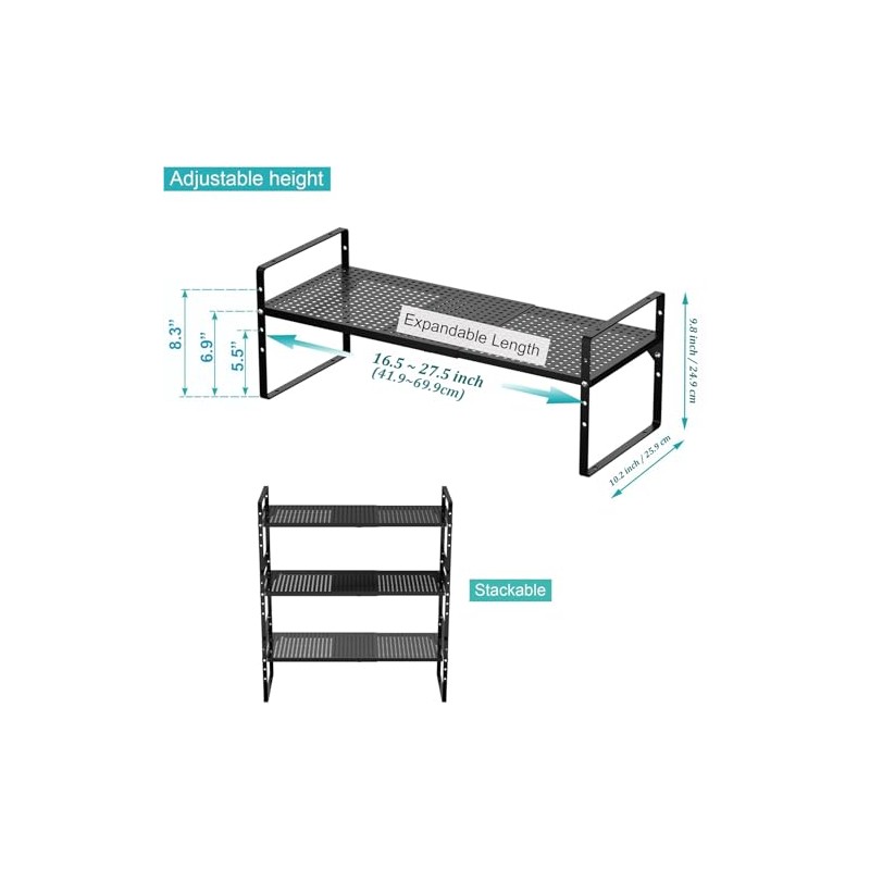 IPEGTOP Extendable Metal Cupboard Shelf, Stackable Kitchen Organiser, Height Adjustable