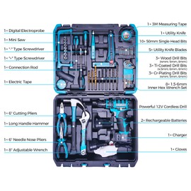 MoJoTools Blue 12V Cordless Drill Tool Kit – 117-Piece Power Drill Set with Lithium Battery, Dual-Speed, LED Light & Storage Case for Home DIY & Repairs