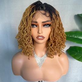 SOKU Dreadlock Wig Curly 4x4 Lace Frontal Ombre Strawberry Blonde 12 Inch Twist Faux Locs Wigs for Black Women Afro Curly Braided Synthetic Wig