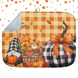 Sanwarm Fall Orange Pumpkin Gnome Absorbent Dish Drying Mat,Autumn Buffalo Plaid Harvest Leaves Microfiber Pad for Kitchen Counter, Coffee Bar Decor, Heat Resistant and Reversible,16" x 18"