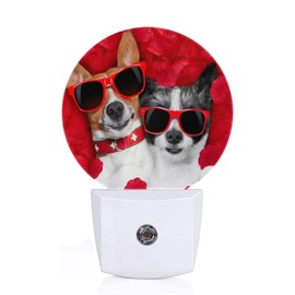 Axayaz Dogs Plug in Night Light Dog Couple with Sunglasses in Red Rose Flower Petals On Valentine's Day Auto LED Lamp Energy Saving Round Lights for Boys Girls Men Women
