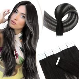 Elailite Tape in Hair Extensions Real Human Hair 20 Pcs Balayage Invisible Thin Type - Skin Weft Remy Hair (#Ombre 1B/1B/GREY Natural Black/Natural Black Mix Grey, 16 Inch-30g)