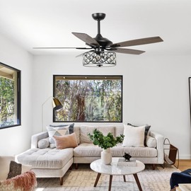 Vaczon 52 Inch Ceiling Fan with Light & Remote - Farmhouse Caged Fandelier, Crystal Ceiling Fan with 6 Speeds,Reversible Motor, Noiseless,Indoor/Outdoor for Patios Living Room Bedroom,Black