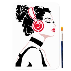 MAYJOYDIY Young Lady Stencil 11.7x8.3inch Reusable Headphones Music Stencils for Craft Modern Woman Painting Template with Paint Brush for Floor Wall Tile Fabric Furniture Decoration