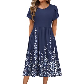 HOTOUCH Women's Casual Dress Aline Midi Flowy Floral Summer Loose T-Shirt Dresses Crewneck Shift Sundress with Pockets Vocation Travel