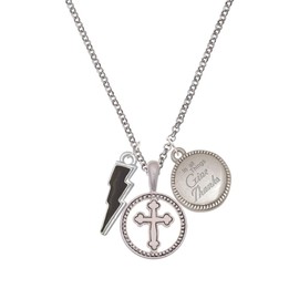 Delight Jewelry Silvertone Black Lightning Bolt Silver-tone Give Thanks to God Cross Pendant Necklace, 23"