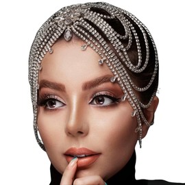 Wedding Headbands for Bride Headpiece for Women Silver Rhinestone Beaded Genie Goddess Enchantress Gypsy Forehead Boho Tassels Head Chain Renaissance Hair Accessories