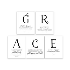GRACE Wall Decor - Scripture Wall Art and Bible Verses Wall Decor - Christian Wall Decor (5 Piece Wall Art Set: Ephesians 2 8, Romans 3 23, Titus 2 Word Art) (8x10 Unframed)
