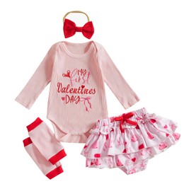 Karuedoo First Valentines Baby Girl Outfit Newborn Long Sleeve Knit Romper + Tutu Skirt + Leg Warmer + Headband 4Pcs Sets (Pink, 12-18 Months)