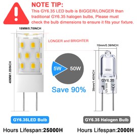 GY6.35 LED Bulb 5W Equivalent to 50W Bi-pin Base Halogen Bulb, AC/DC 12V Daylight White 6000K for Pendant Light, Chandelier, Desk Light, Accent Lights, Landscape Lighting, Non-Dimmable (4 Pack)