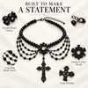 Layered Black Beaded Cross Necklace, Draped Multi-Strand Gothic Choker for